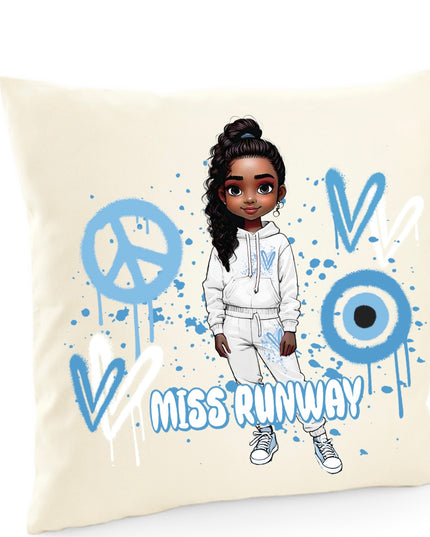 Miss Runway Doll Blue Heart Design Cushion