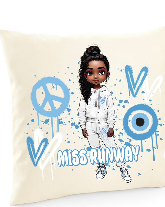 Miss Runway Doll Blue Heart Design Cushion