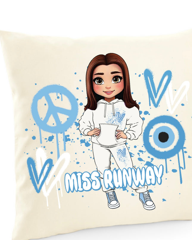 Miss Runway Doll Blue Heart Design Cushion