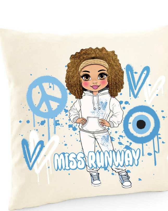 Miss Runway Doll Blue Heart Design Cushion