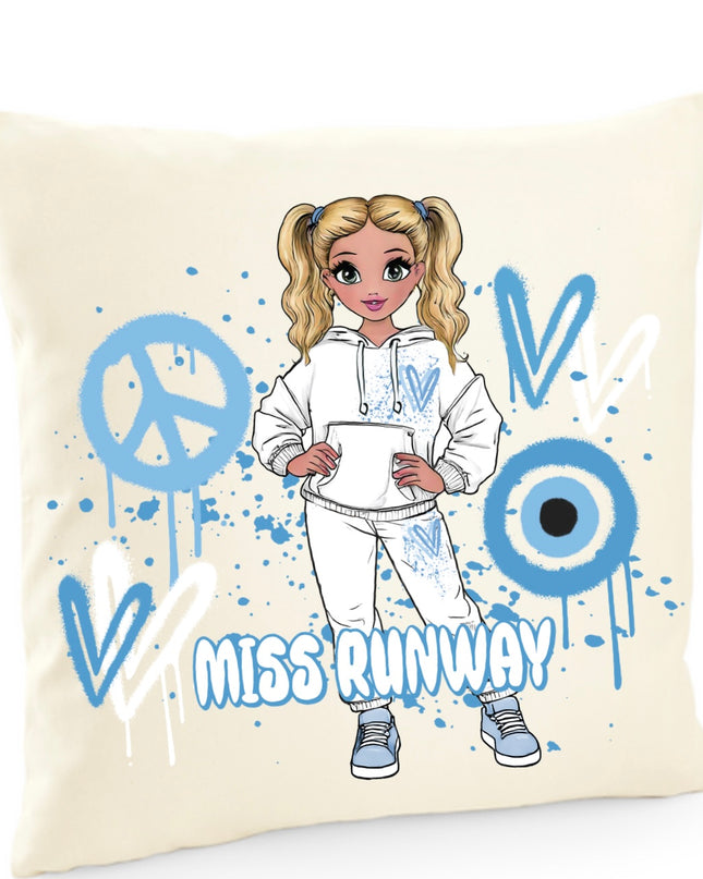 Miss Runway Doll Blue Heart Design Cushion