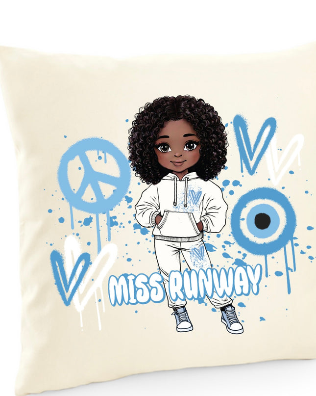 Miss Runway Doll Blue Heart Design Cushion