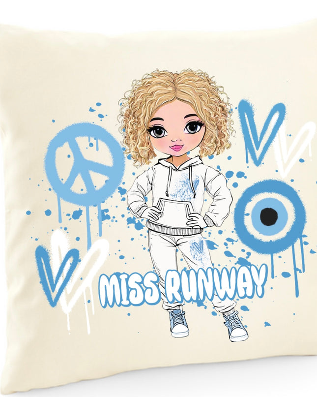 Miss Runway Doll Blue Heart Design Cushion