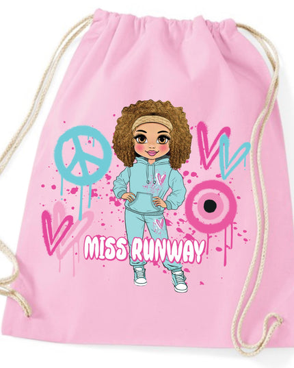 Miss Runway Doll Pink/Green Heart Design Drawstring Bag