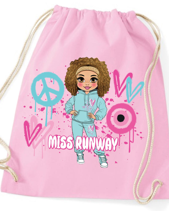 Miss Runway Doll Pink/Green Heart Design Drawstring Bag