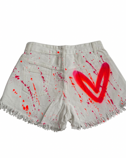 Neon Pink & Orange Heart Spray Painted Denim Shorts Adults