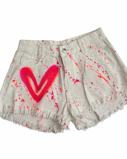 Neon Pink & Orange Heart Spray Painted Denim Shorts Adults