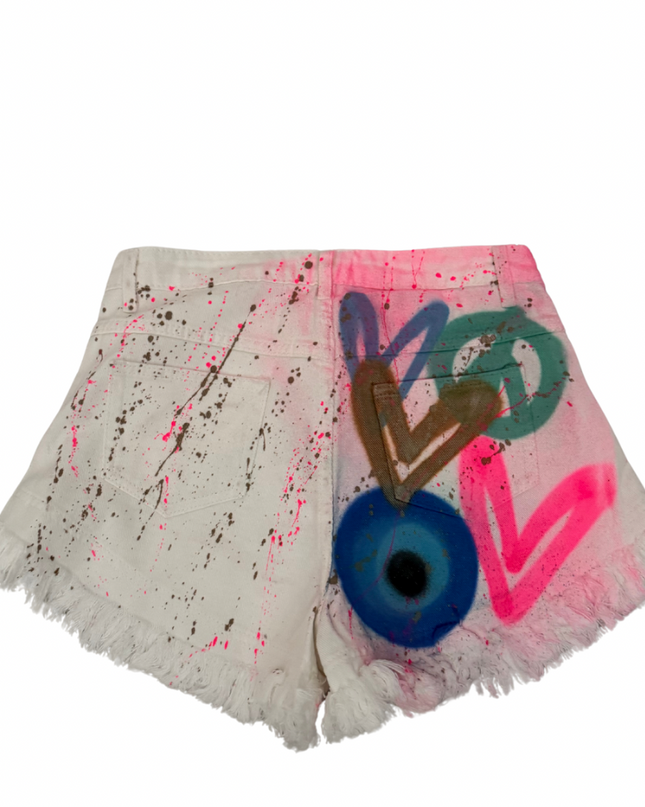 Neon Peace, Heart, Evil Eye Spray Painted Denim Shorts Adults