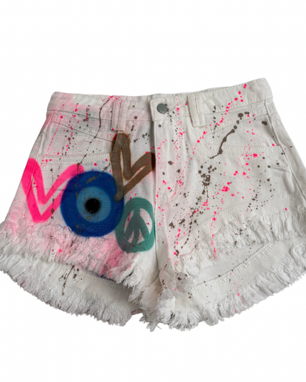 Neon Peace, Heart, Evil Eye Spray Painted Denim Shorts Adults