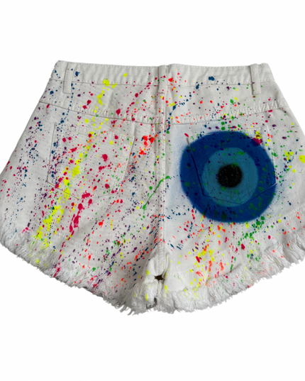 Multi Colour Evil Eye Spray Painted Denim Shorts Adults