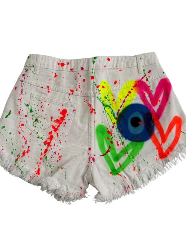 Neon Hearts Evil Eye Spray Painted Denim Shorts Adults