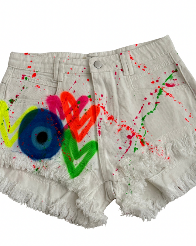Neon Hearts Evil Eye Spray Painted Denim Shorts Adults
