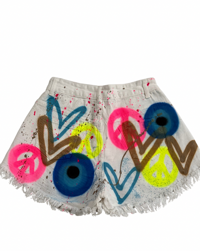 Evil Eye, Peace, Heart Spray Painted Denim Shorts Adults