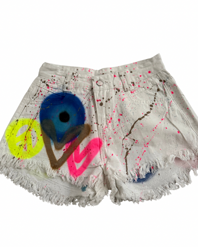 Evil Eye, Peace, Heart Spray Painted Denim Shorts Adults
