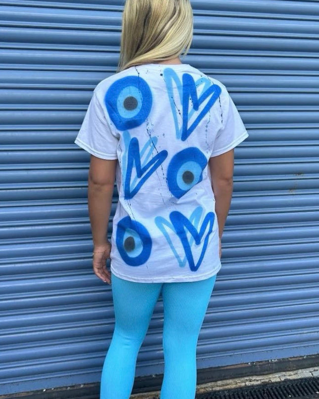 Blue Heart Evil Eye Spray Painted T-shirt Adult