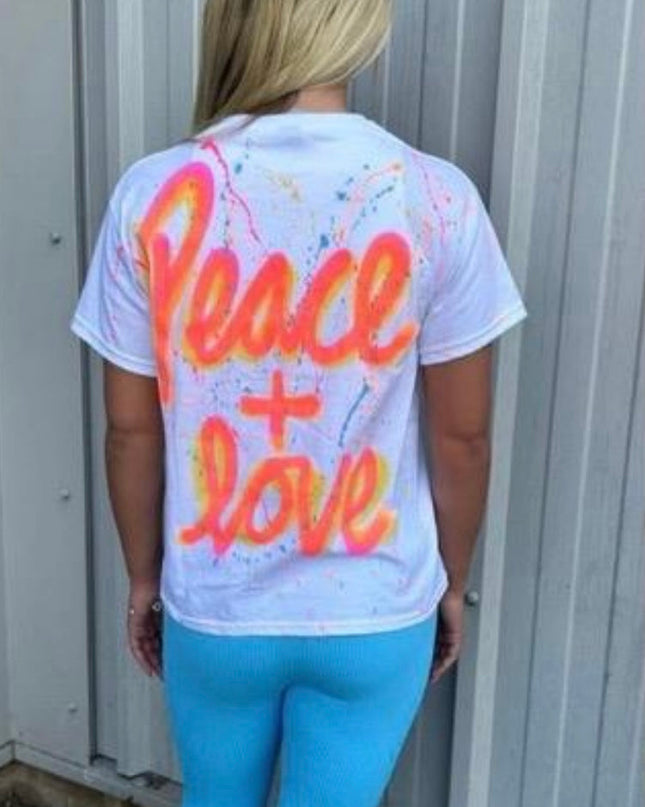 Neon Pink & Orange Peace & Love Spray Painted T-shirt Adult