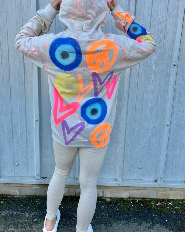 Neon Peace, Heart Evil Eye Beige Spray Painted Hoodie Adults