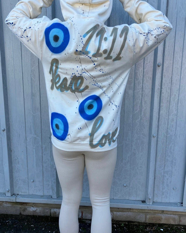 11:11 Peace, Love Cream Spray Painted Hoodie Adults