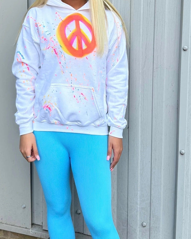 Neon Pink & Orange Peace & Love Spray Painted Hoodie Adults