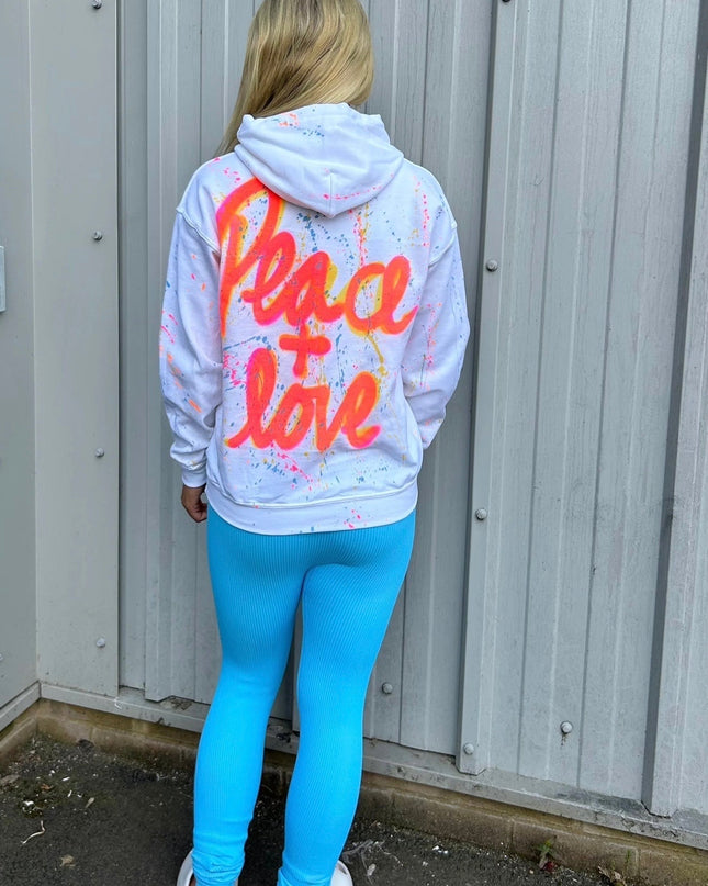 Neon Pink & Orange Peace & Love Spray Painted Hoodie Adults