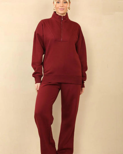 1/2 Zip Top & Jogger Fleece Co-Ord Burgundy