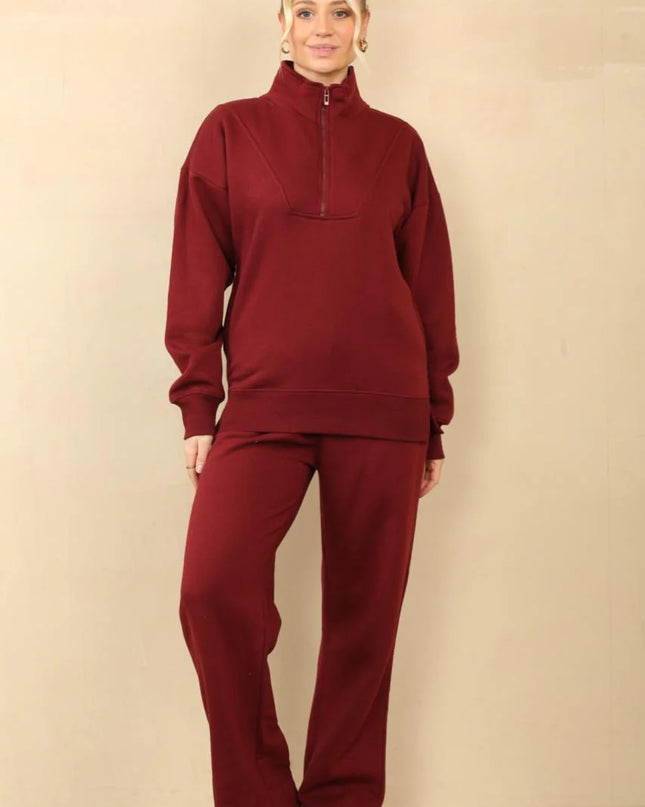 1/2 Zip Top & Jogger Fleece Co-Ord Burgundy