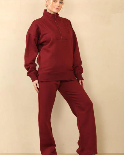 1/2 Zip Top & Jogger Fleece Co-Ord Burgundy