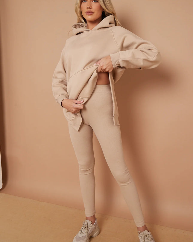 Oversized Split Sides Hoodie & Legging Co-Ord Beige