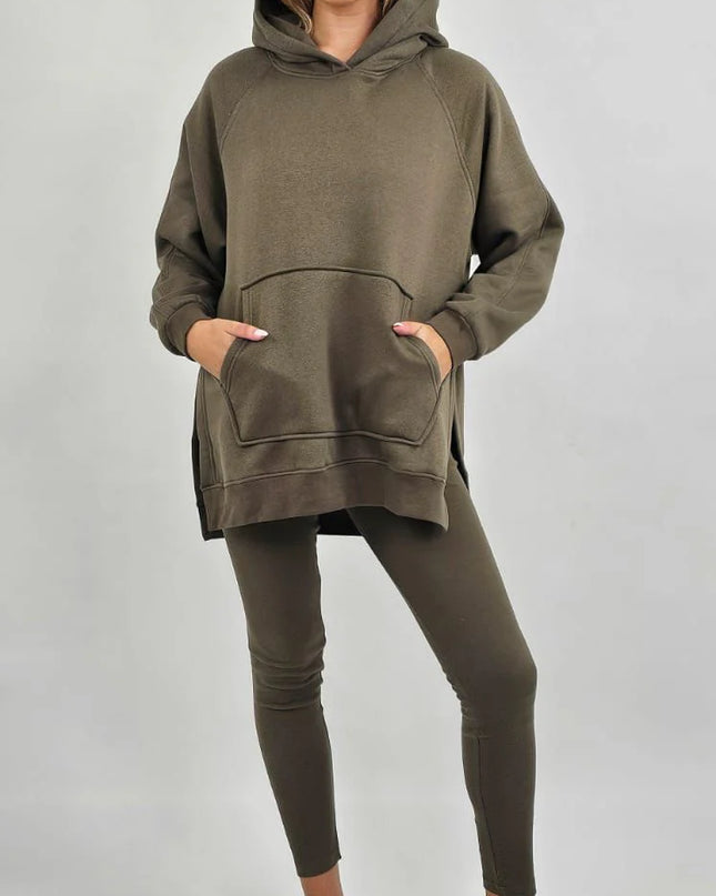 Oversized Split Sides Hoodie & Legging Co-Ord Khaki