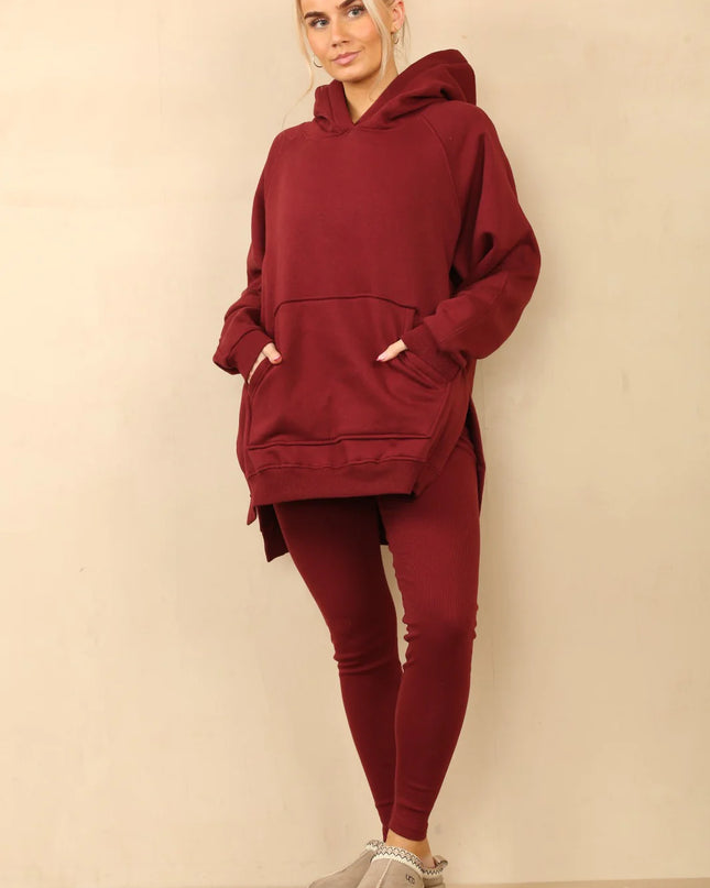 Oversized Split Sides Hoodie & Legging Co-Ord Burgundy