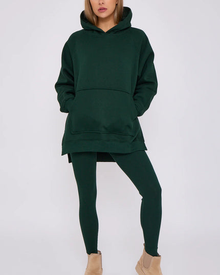 Oversized Split Sides Hoodie & Legging Co-Ord Bottle Green