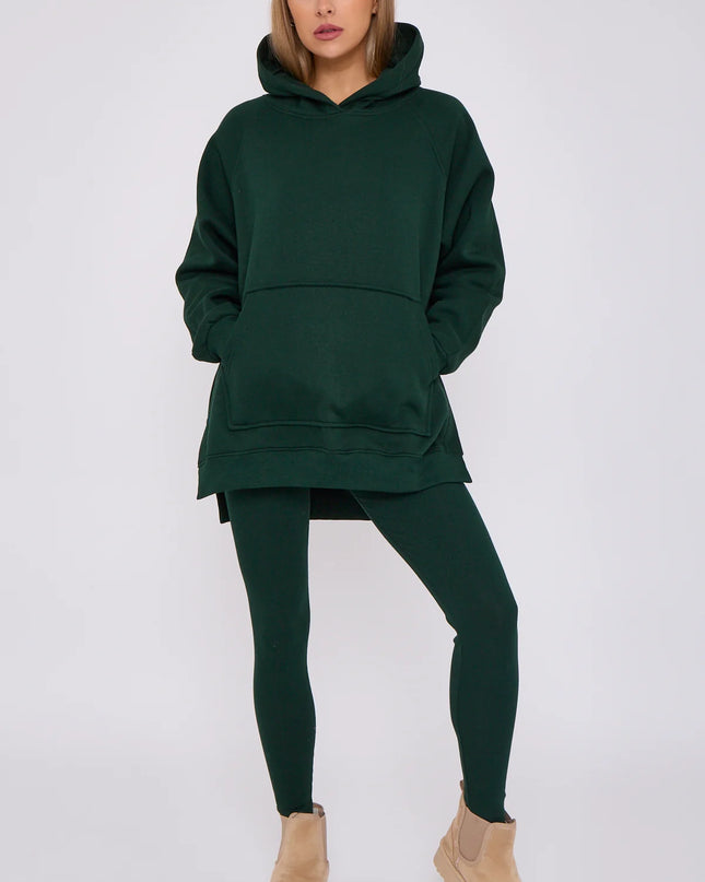 Oversized Split Sides Hoodie & Legging Co-Ord Bottle Green