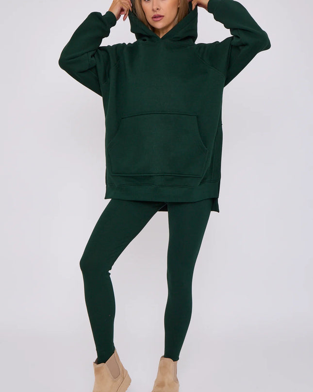 Oversized Split Sides Hoodie & Legging Co-Ord Bottle Green