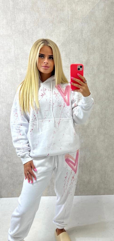 Pink Hearts Spray Painted Hooded Tracksuit Adult