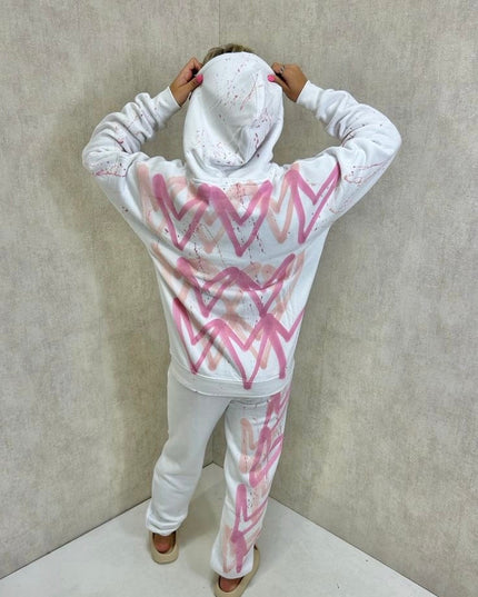 Pink Hearts Spray Painted Hooded Tracksuit Adult