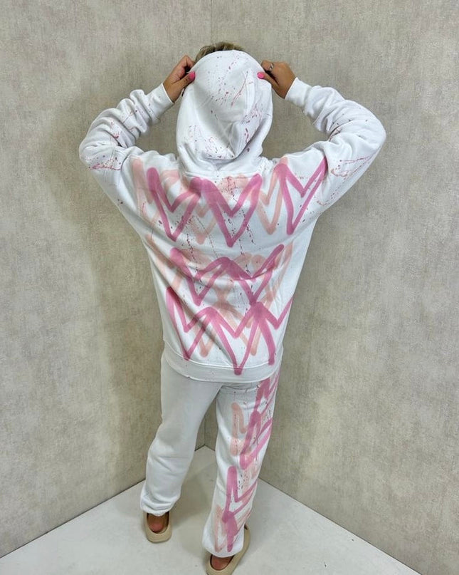 Pink Hearts Spray Painted Hooded Tracksuit Adult