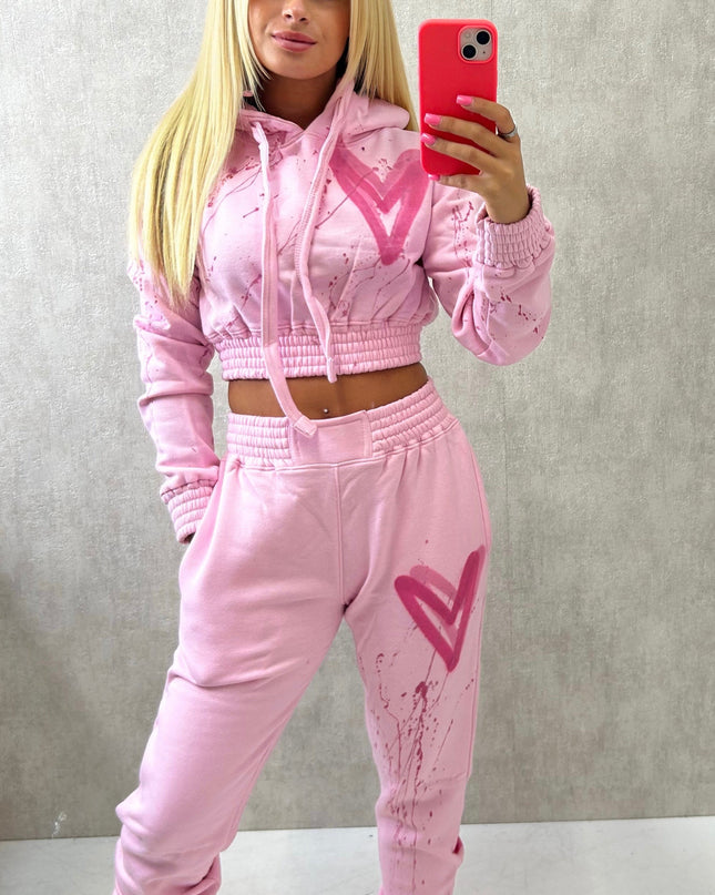 Pink Hearts Spray Painted Cropped Tracksuit Kids