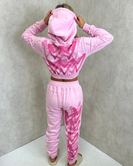 Pink Hearts Spray Painted Cropped Tracksuit Adult