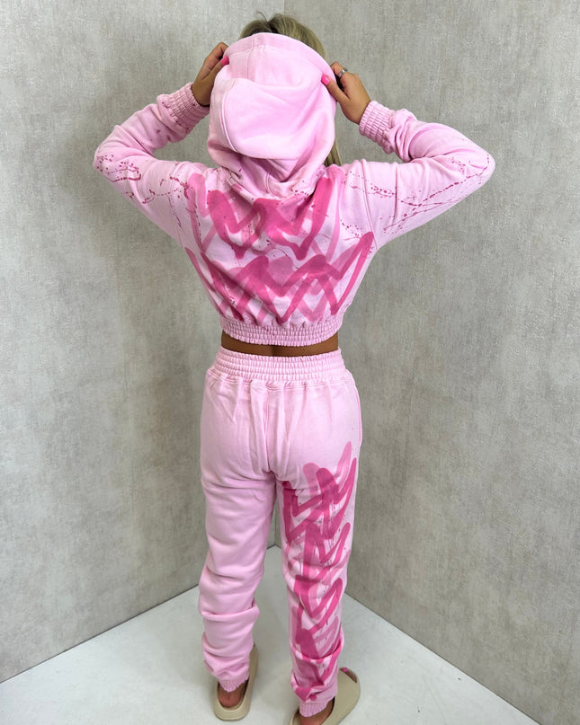 Pink Hearts Spray Painted Cropped Tracksuit Adult