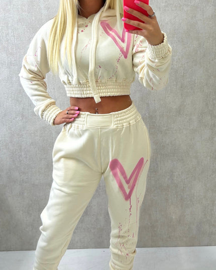 Pink Hearts Spray Painted Cropped Tracksuit Adult