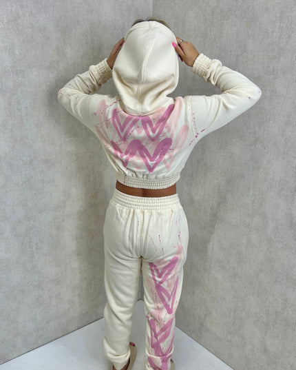 Pink Hearts Spray Painted Cropped Tracksuit Adult