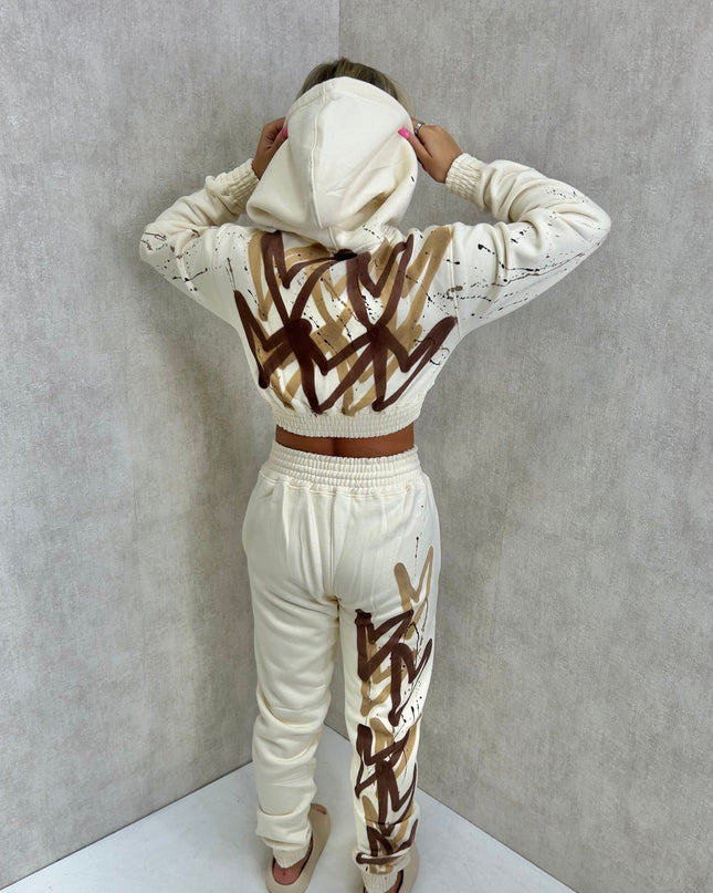 Brown Hearts Spray Painted Cropped Tracksuit Adult
