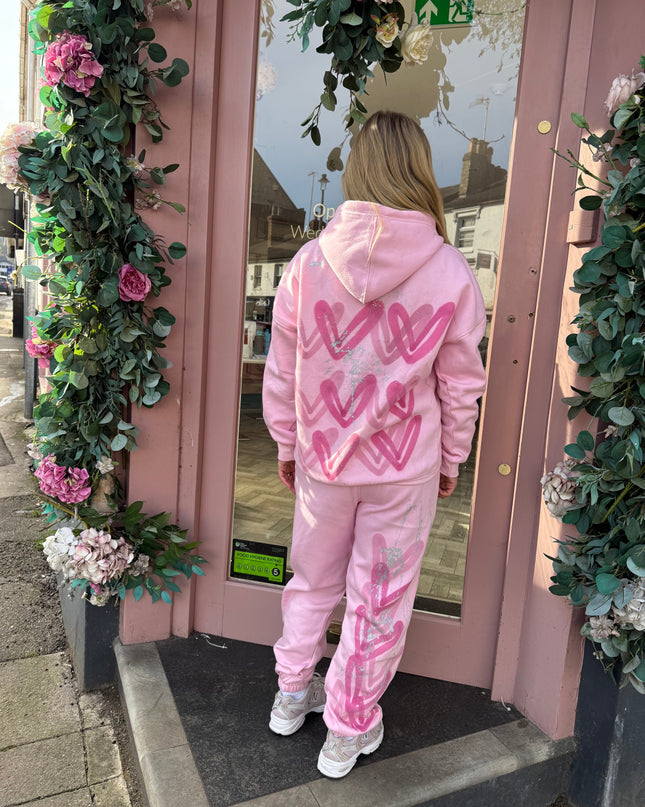 Pink Hearts Spray Painted Hooded Tracksuit Adult