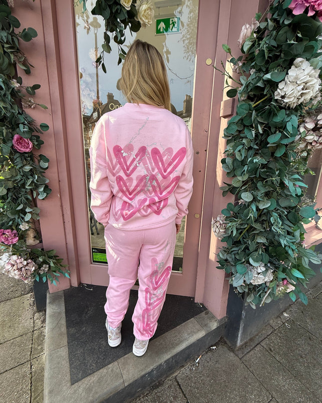 Pink Hearts Spray Painted Sweatshirt Tracksuit Adult