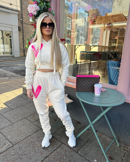 Hot Pink Hearts Spray Painted Cropped Tracksuit Adult