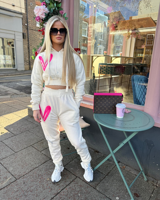 Hot Pink Hearts Spray Painted Cropped Tracksuit Kids