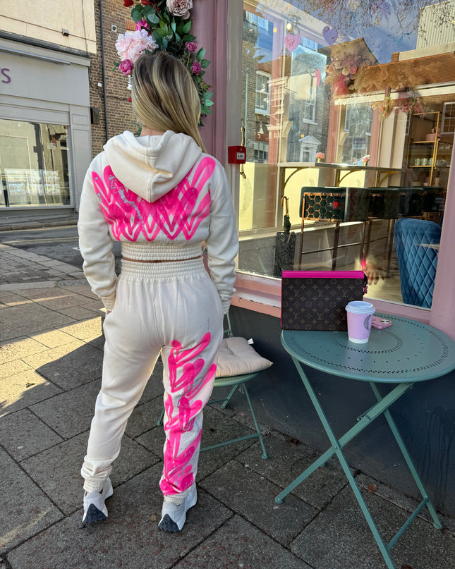 Hot Pink Hearts Spray Painted Cropped Tracksuit Kids