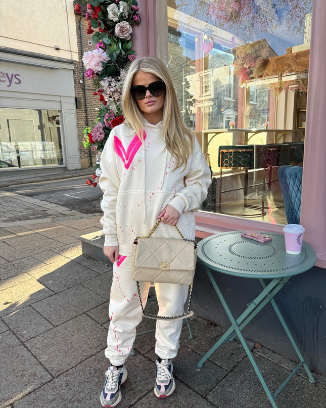 Hot Pink Hearts Spray Painted Hooded Tracksuit Adult