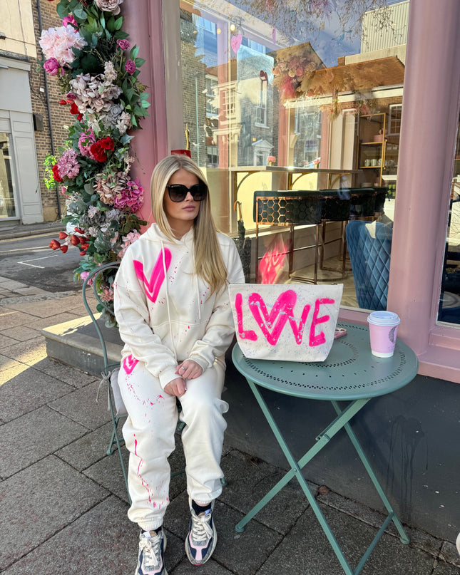 Hot Pink Hearts Spray Painted Hooded Tracksuit Adult