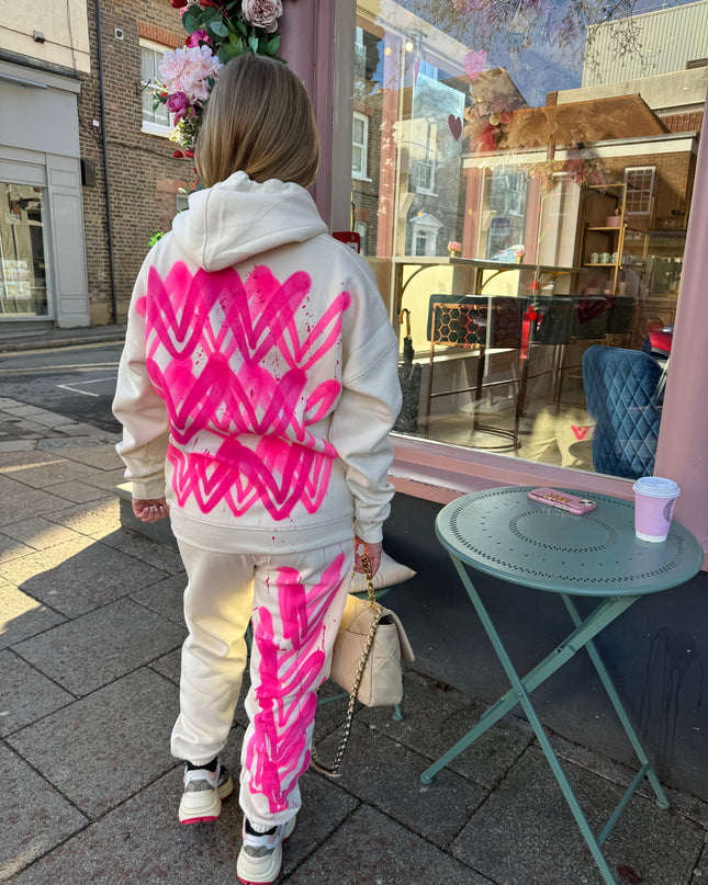 Hot Pink Hearts Spray Painted Hooded Tracksuit Adult